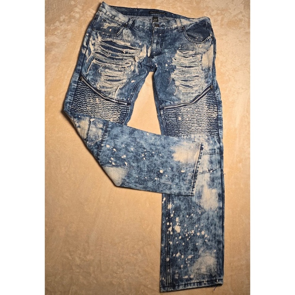 GS-115 Denim Mens Moto Jeans36 Acid Wash Distressed Ripped Biker Blue Streetwear